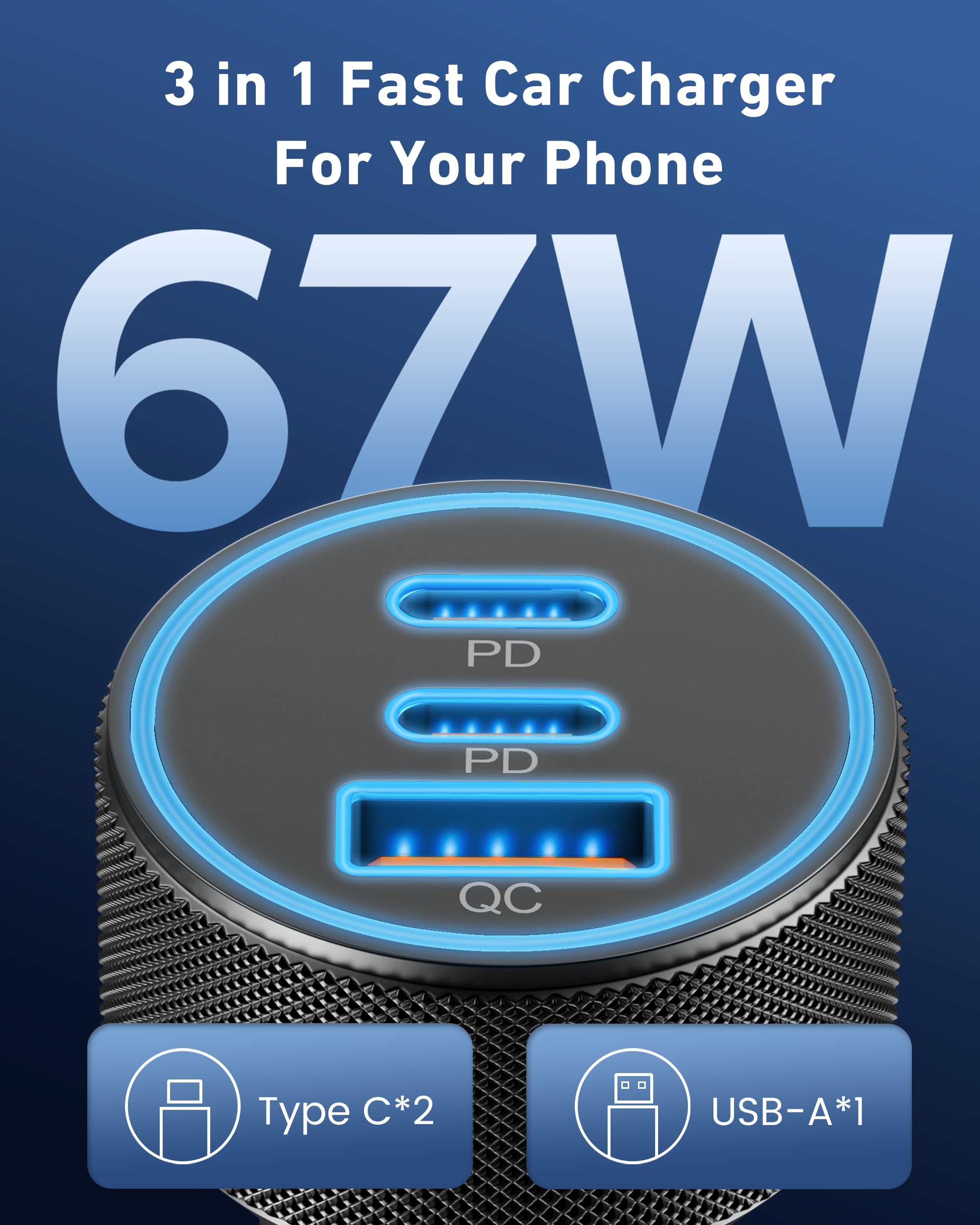 67W USB-C Car Charger (3-Port, PD/QC Fast Charging)