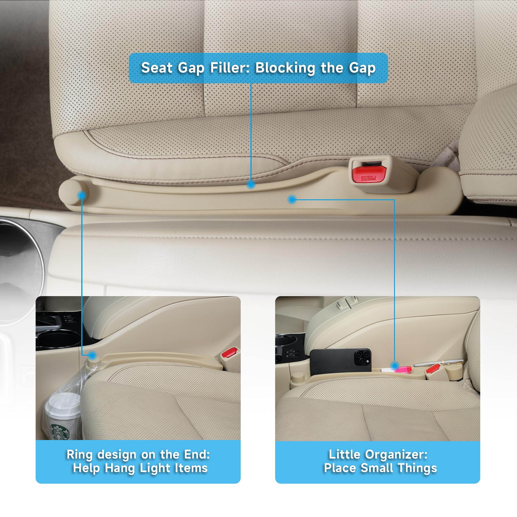 2 Pack Car Seat Gap Filler (3-in-1, Organizer & Hook)