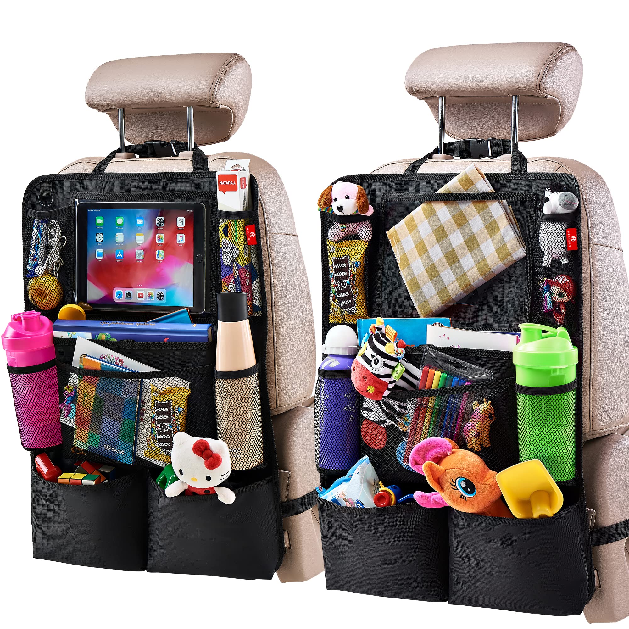 2 Pack Backseat Organizer & Kick Mat (Tablet Holder, 9 Pockets)