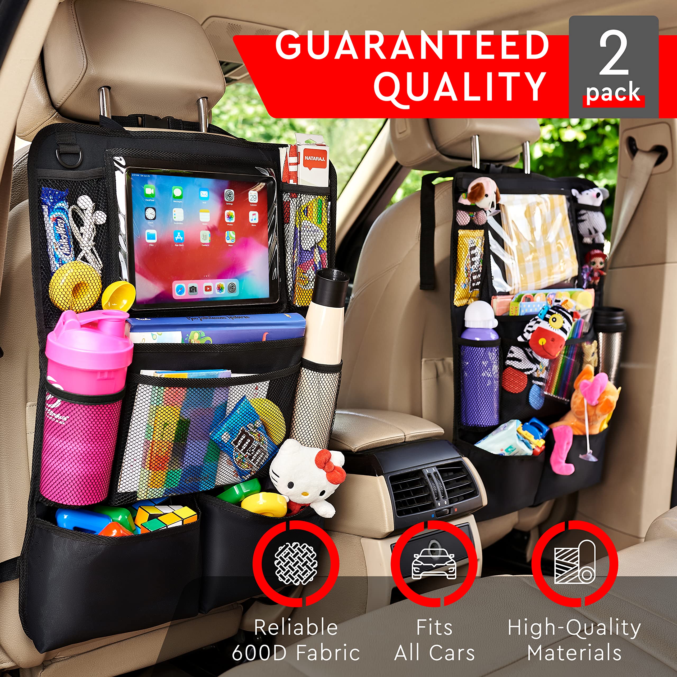 2 Pack Backseat Organizer & Kick Mat (Tablet Holder, 9 Pockets)