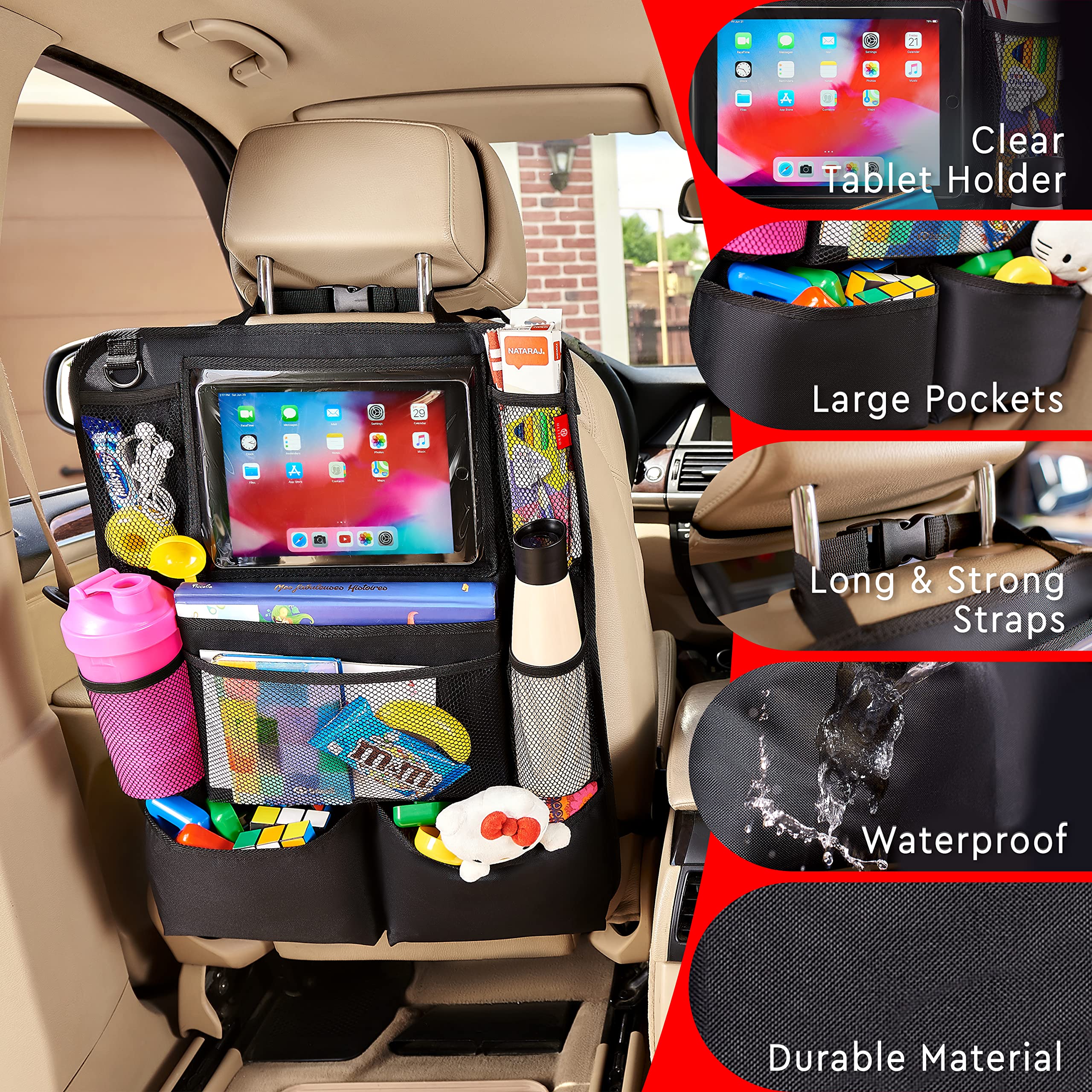 2 Pack Backseat Organizer & Kick Mat (Tablet Holder, 9 Pockets)